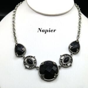 Napier Black Rhinestone Frontal Necklace, Silver Tone, 19 1/2 Inches
